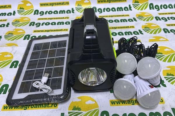 Kit Iluminat Portalbil LED cu 4 Becuri , Panou Solar Radio FM